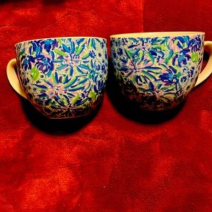 NWT x2 12oz LILLY PULITZER Blue Floral Ceramic Coffee & Tea Cups / Mugs